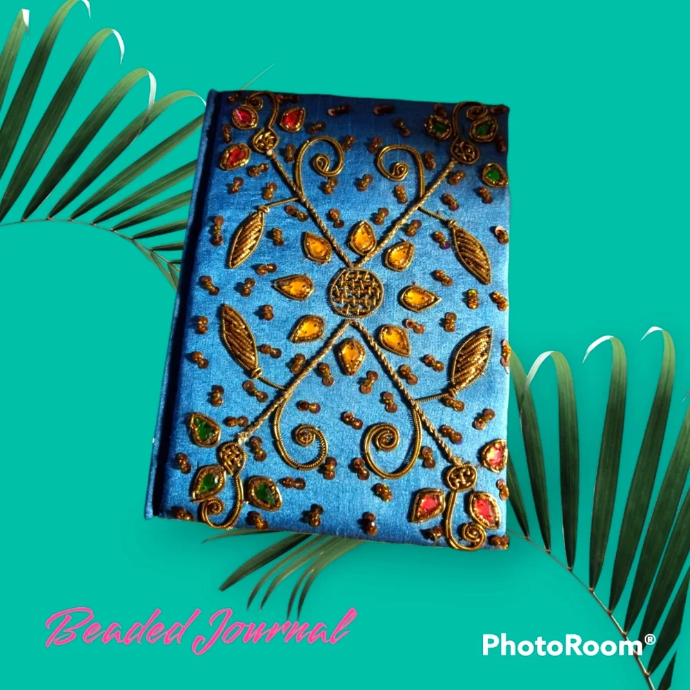 Handcrafted Blue Lined Beaded/sequined Journal - X
